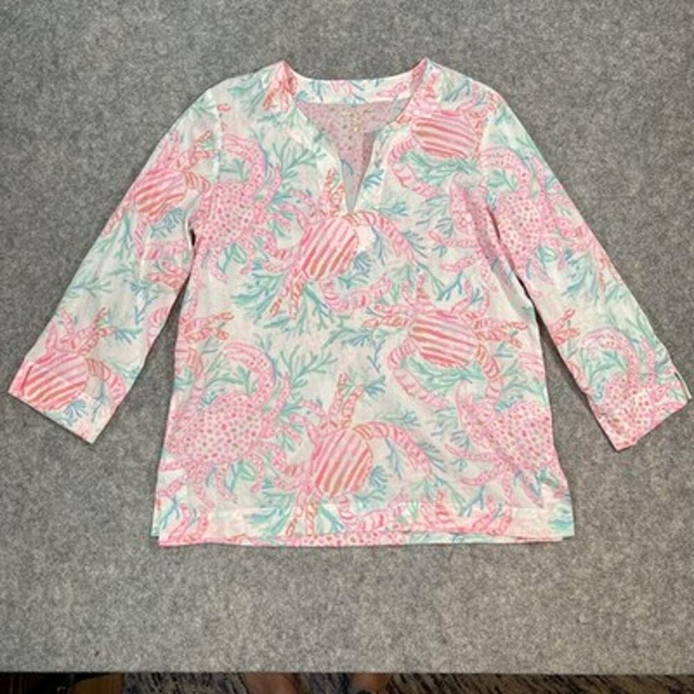 Lilly Pulitzer Blouse Womens L Pink Crab Print Cotton Amelia Getting Steamy